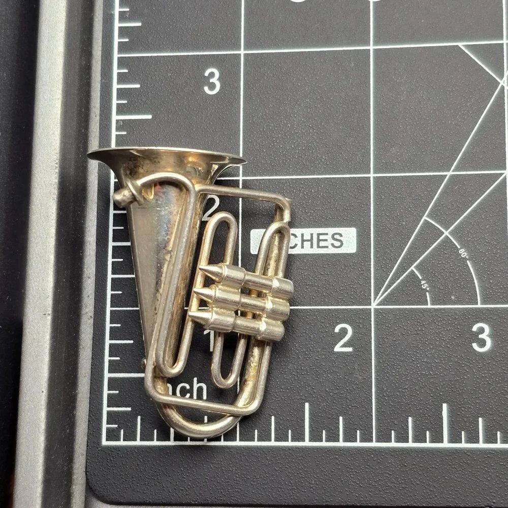 Vintage Taxco Sterling Silver French Horn Brooch Mexican Tuba Musical Pin TC-48 - Picture 11 of 12